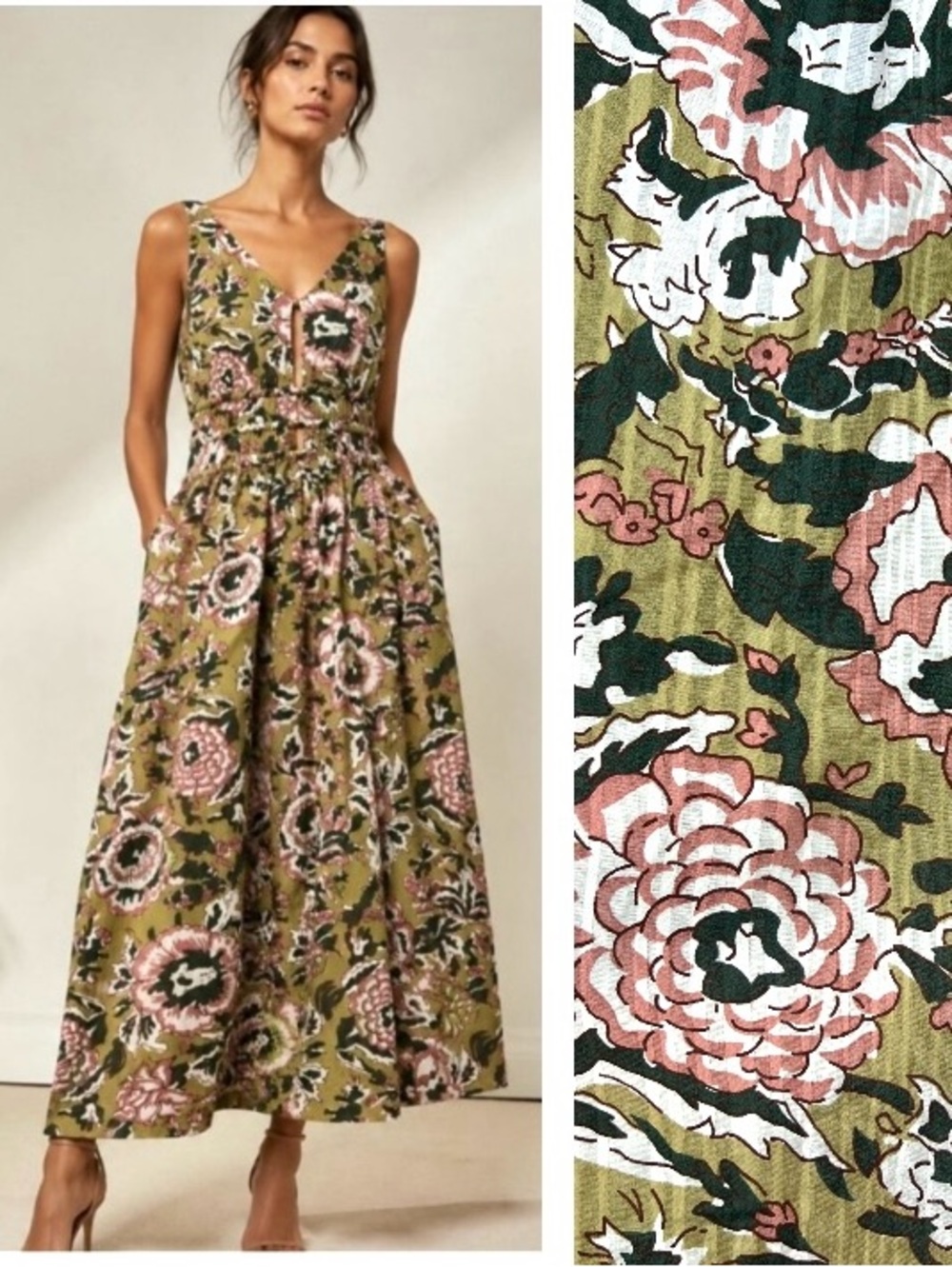 Caroline Constas Midi floral sundress olive dark green pink white size M